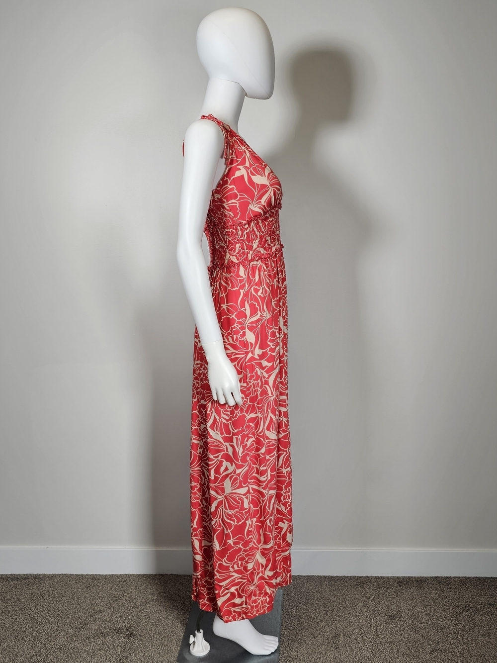 Patrons of Peace Red Pink Floral Tie-Shoulder Maxi Dress with Cream Print Sz S - Picture 4 of 10